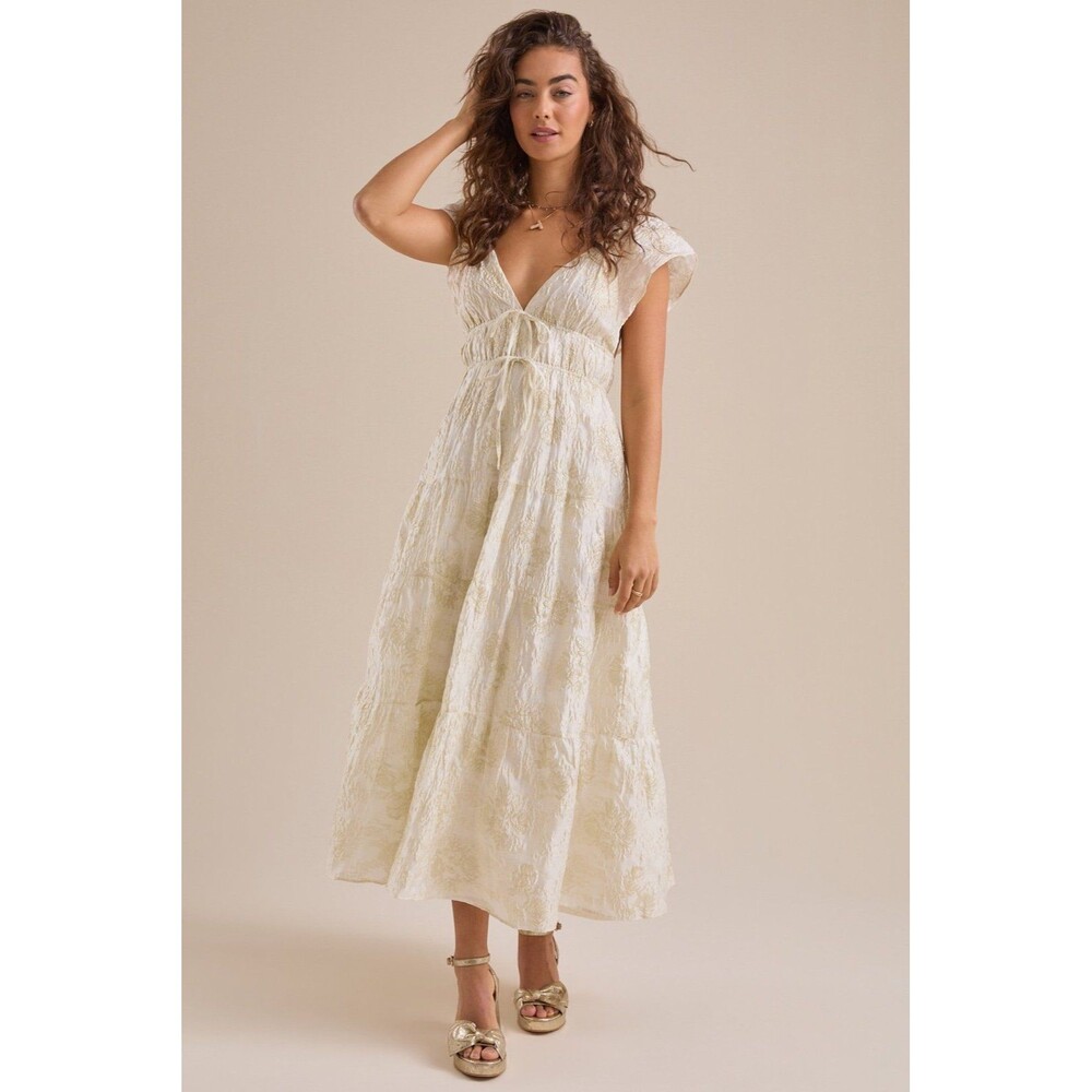 NWT Altar’d State Athena Shimmer Maxi Dress Cream-Gold Women’s Size Small